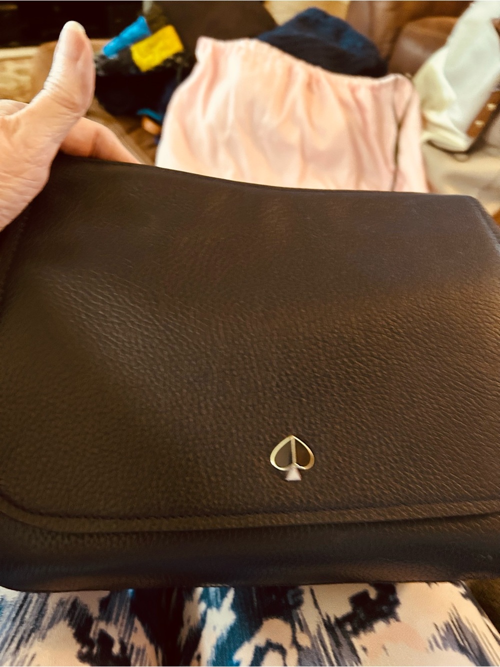 kate spade Black Pebbled Leather Wristlet Clutch with Gold Spade Logo